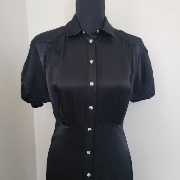 Mango Suit Black Midi Pearl Snap Button Up Collar Short Sleeve Satin Dress Small - Picture 3 of 16